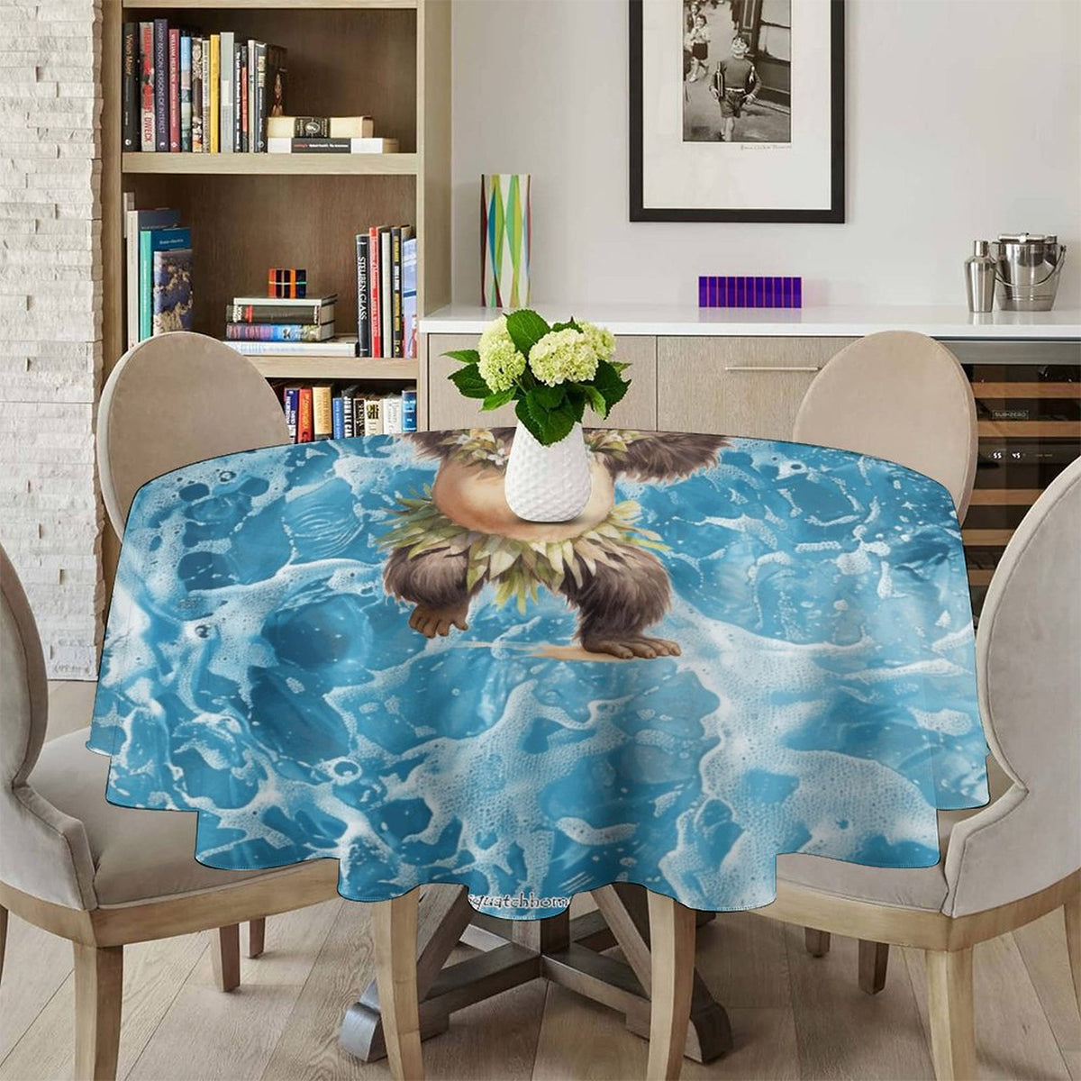 Sasquatch Hula On the Beach Round Tablecloth on Round Table