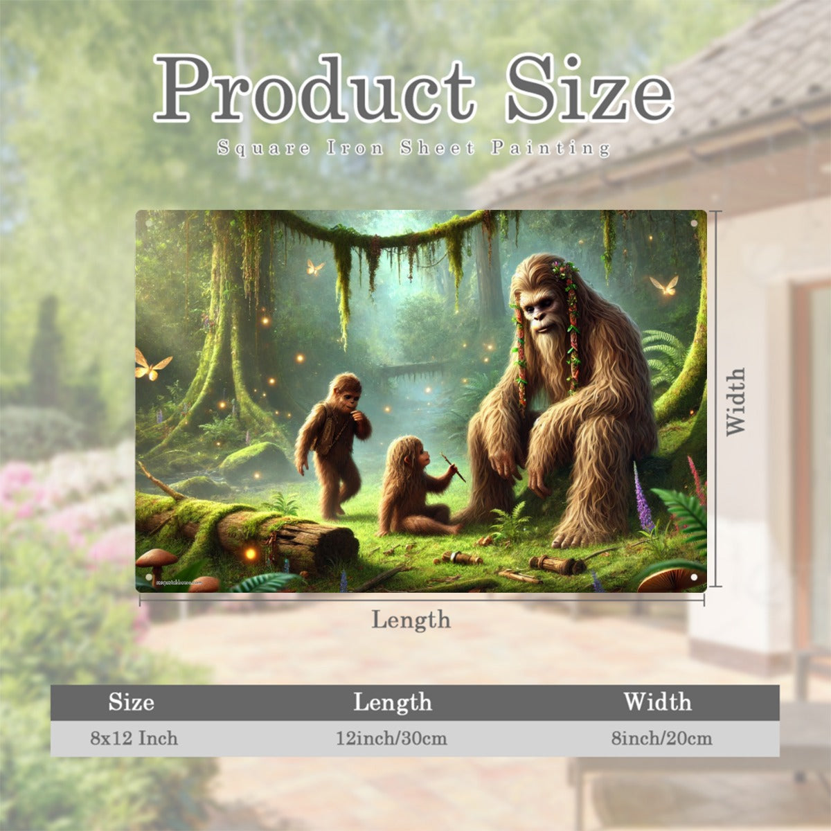 Bigfoot Sasquatch with Kids, 8”x12” Metal Hanging Painting / Poster – Made in USA
