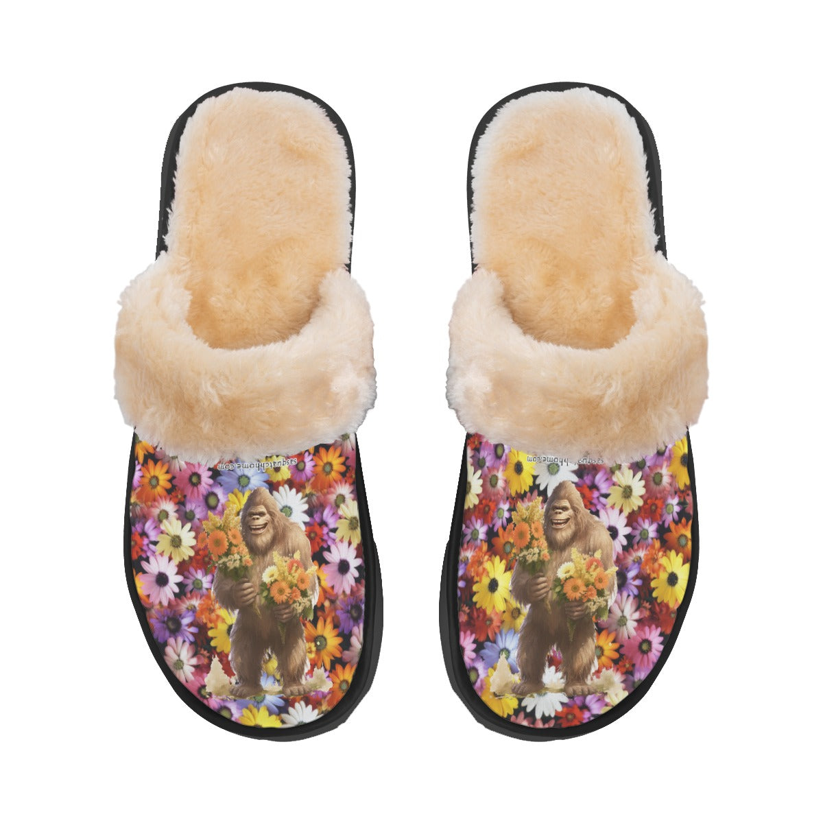 Bigfoot / Sasquatch with flowers, Women’s Plush, Fluffy Slippers