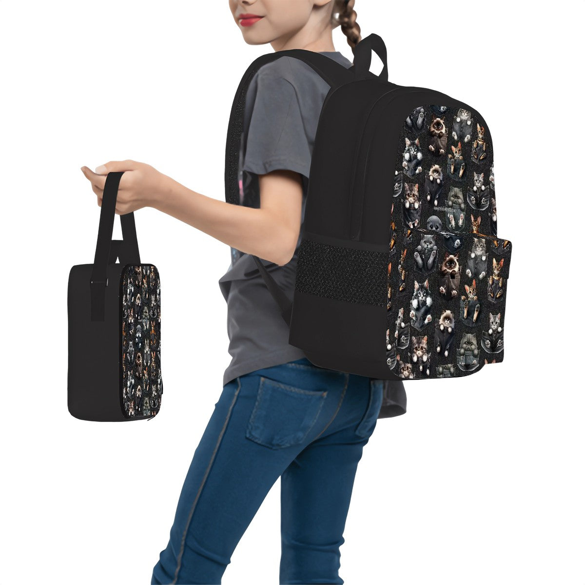 Kittens in Pockets, 3 Piece Bag Set – Oxford Backpack, Lunch Bag, Pencil Pouch