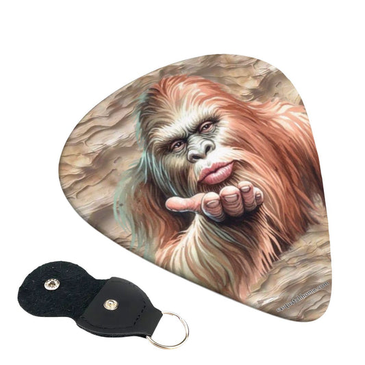 6 Guitar Picks with Keychain Snap Pick Wallet- Bigfoot, Sasquatch Blow Kiss – 3 Thicknesses