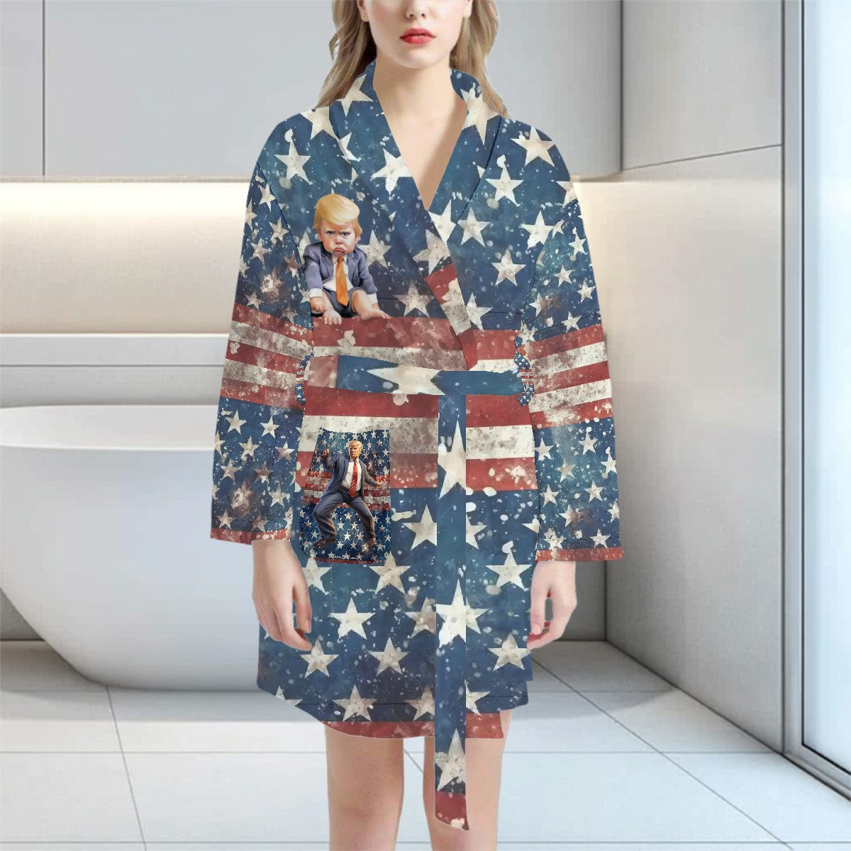Donald Trump Cartoon Themed, Women’s Bath Robe 33.5” Long