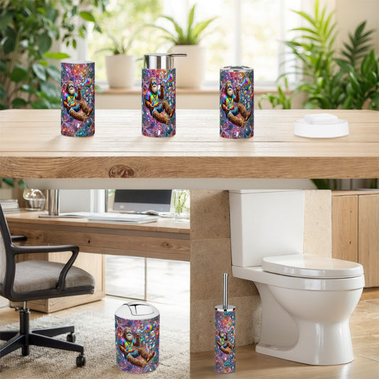 Hippie Bigfoot / Sasquatch Blowing Bubbles, 5 Piece Bathroom Décor Set