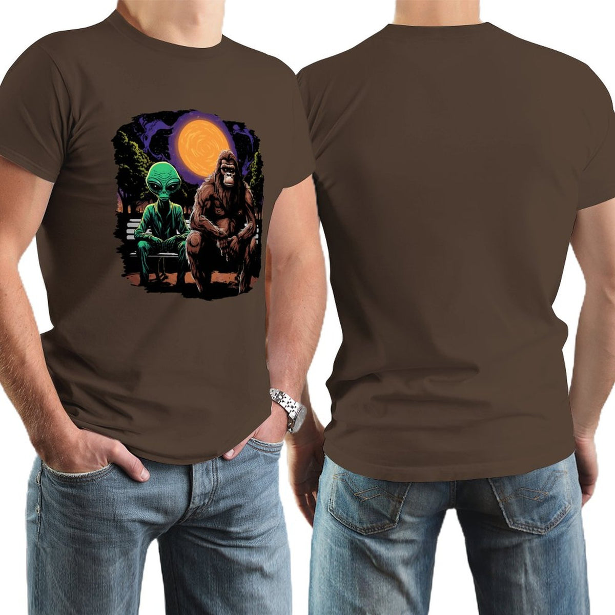 Bigfoot, Sasquatch with Alien, Short Sleeve Cotton T-shirt