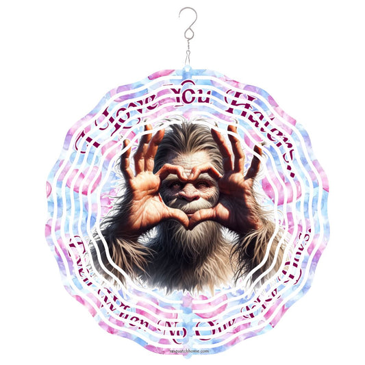 Bigfoot Sasquatch "I love you..", US Made Hanging Metal 3D Wind Spinner, Ornament - MADE IN USA