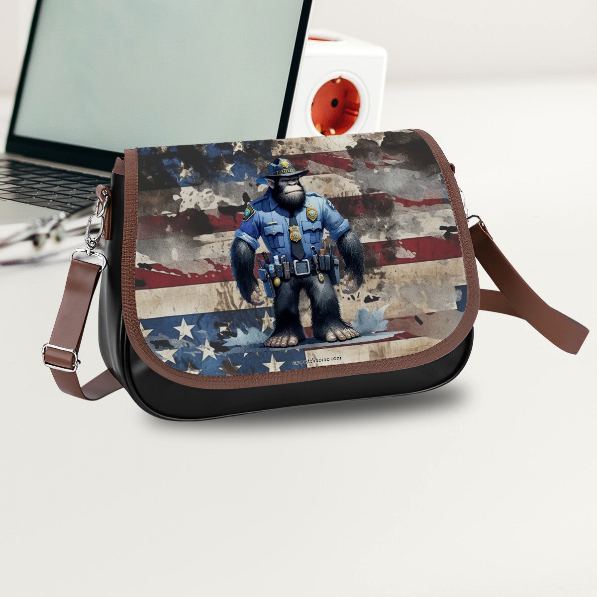 Bigfoot / Sasquatch Police Officer, Leather Shoulder Bag / Purse