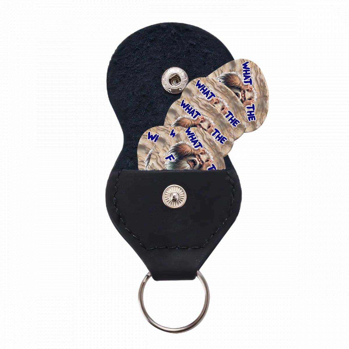 6 Guitar Picks with Keychain Snap Pick Wallet- Bigfoot / Sasquatch "WTF" – 3 Thicknesses