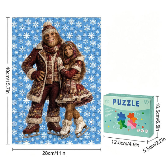 Sasquatch & Gal on Ice Skates 300pcs Wooden Vertical Jigsaw Puzzle