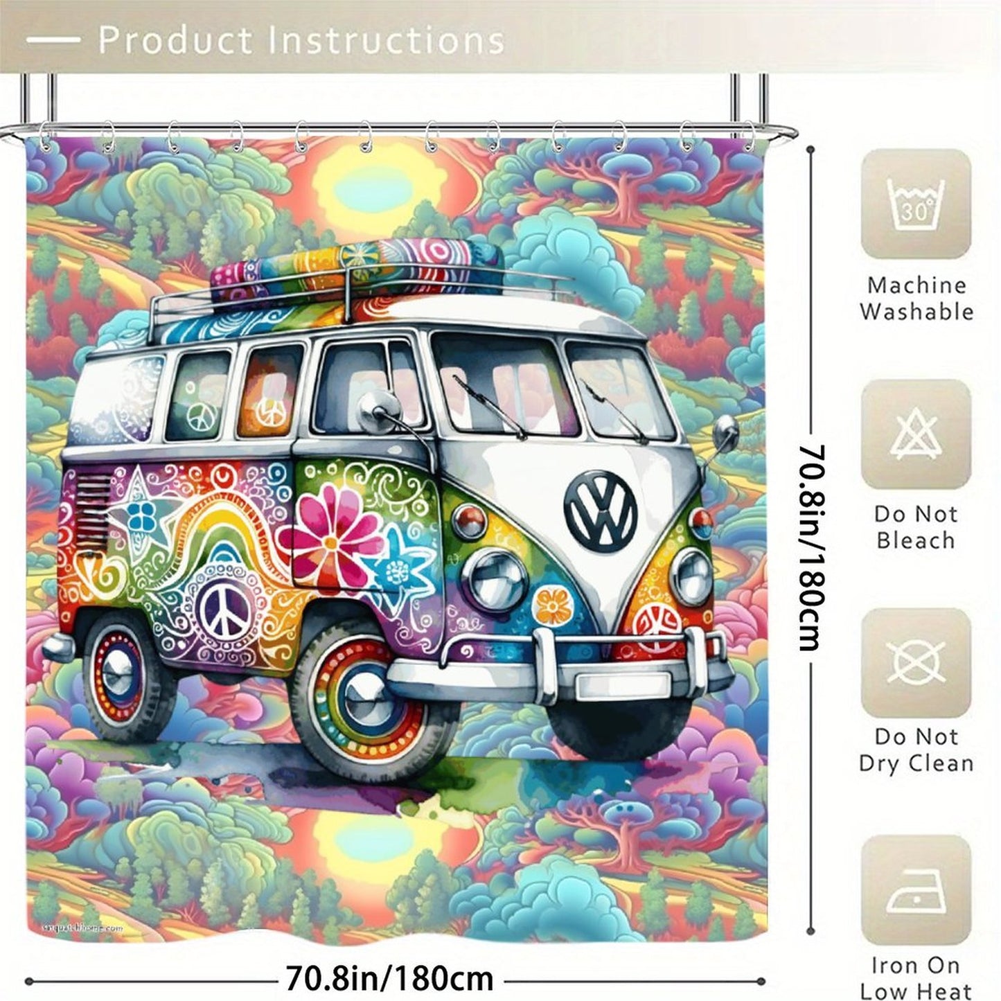 Hippie Bus, Waterproof Polyester Shower Curtain – Made in the USA – 70.8x70.8”