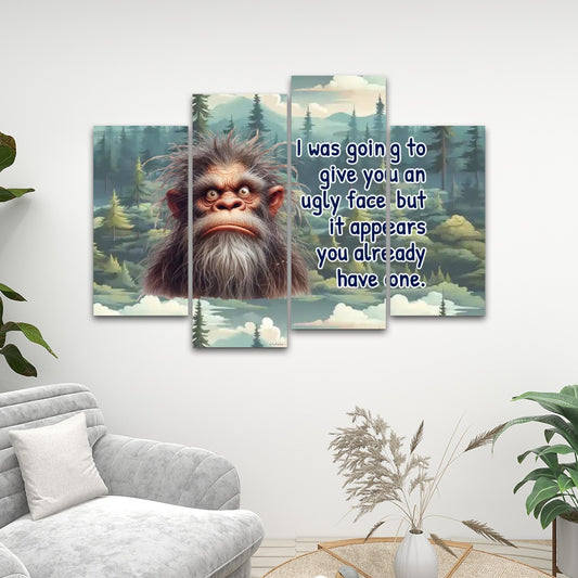Sarcastic Sasquatch "ugly face", 4 Panels Canvas Prints Wall Art - Set C