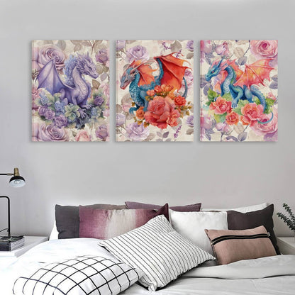 Floral Dragons, Canvas Wall Art - 12”x 16” or 18”x24” (x 3) - Made In USA