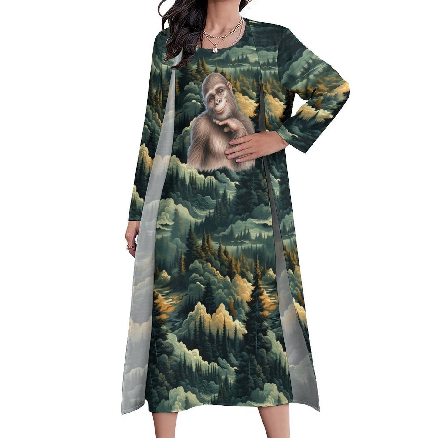 Gal Sasquatch in Woods, Women’s Long Dress with Cardigan
