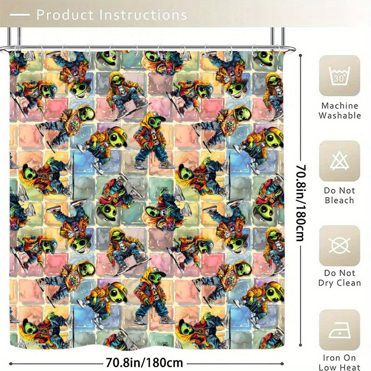6 Alien Designs, Waterproof Polyester Shower Curtain – Made in the USA – 70.8x70.8”