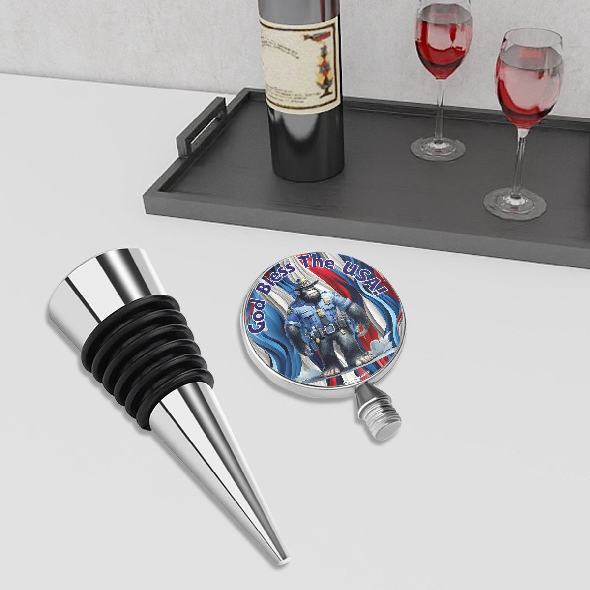 Bigfoot / Sasquatch Police Officer "God bless..", Wine Bottle Stopper