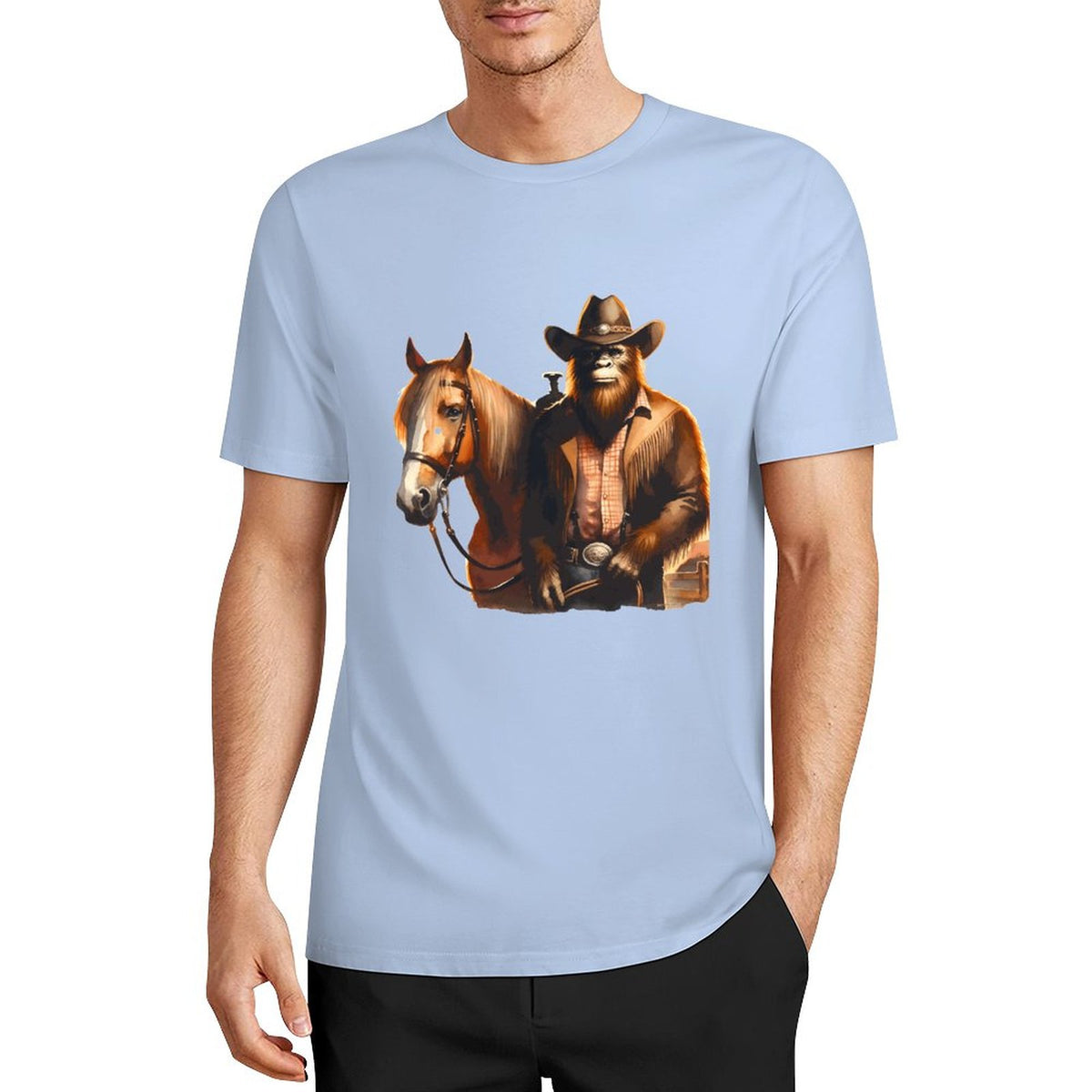 Bigfoot - Sasquatch Cowboy w Horse Short Sleeve Cotton T-Shirt