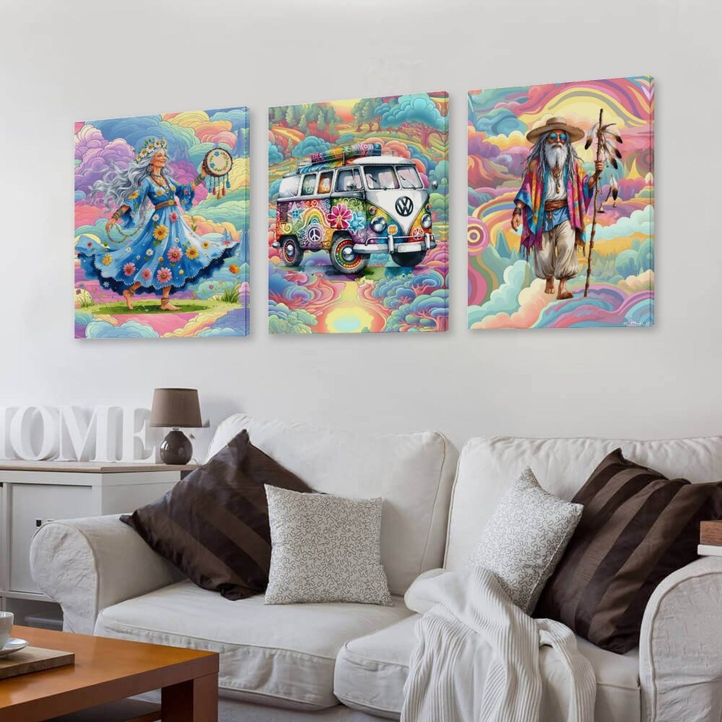 Groovy Hippies, Canvas Wall Art - 12”x 16” or 18”x24” (x 3) - Made In USA