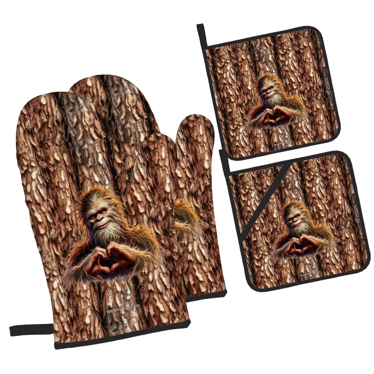 Bigfoot Sasquatch Heart Hands, Set of 4 Oven Mitts / Hot Pads