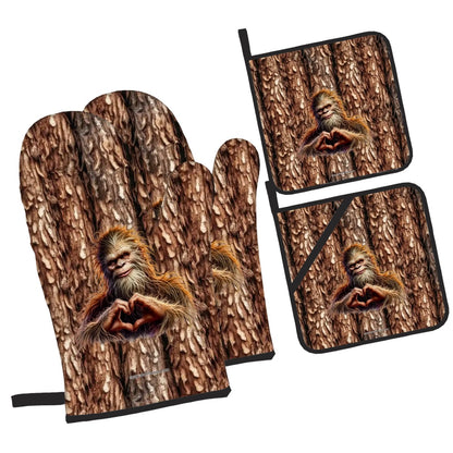 Bigfoot Sasquatch Heart Hands, Set of 4 Oven Mitts / Hot Pads