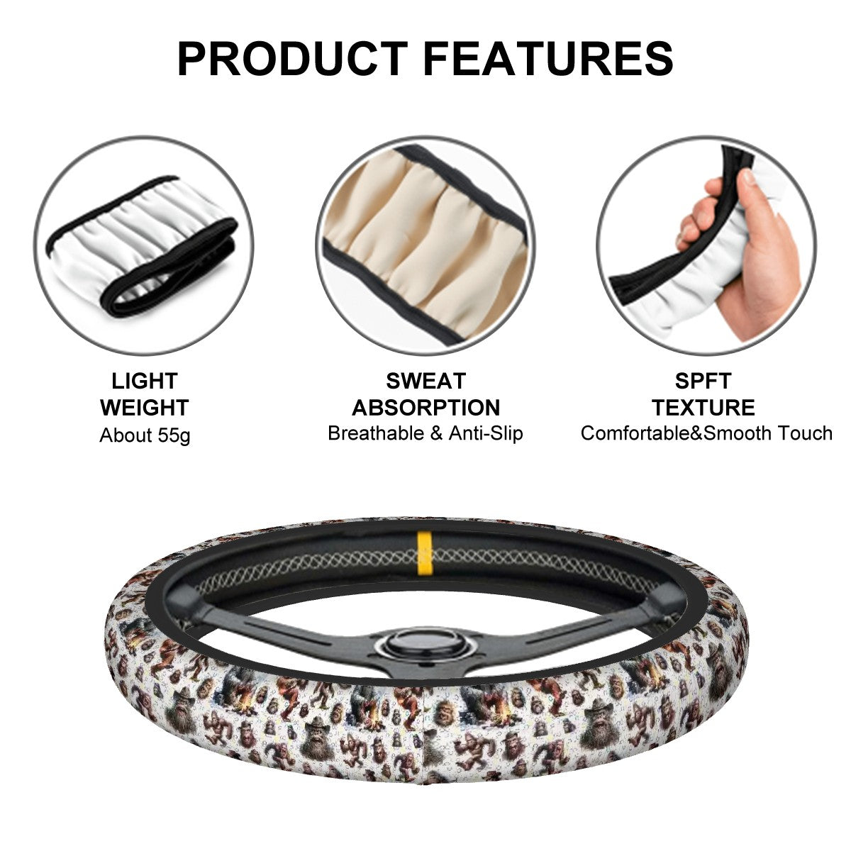 20 Sasquatch Bigfoot Designs, Rugged Auto Steering Wheel Cover - 15"