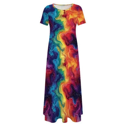 Rainbow Swirl Crew Neck Short Sleeve Maxi Dress