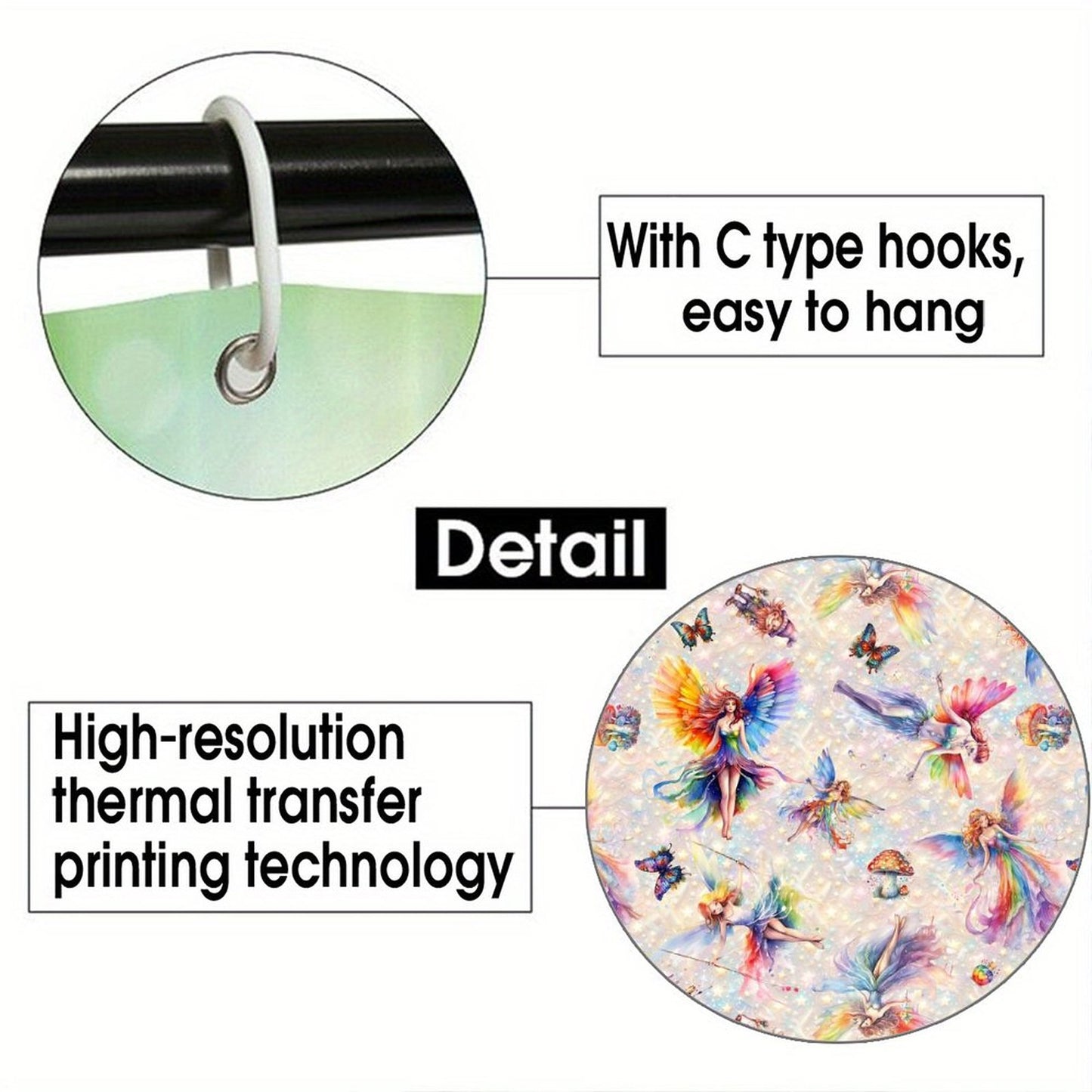 6 Fairy Designs, Waterproof Polyester Shower Curtain – Made in the USA – 70.8x70.8”