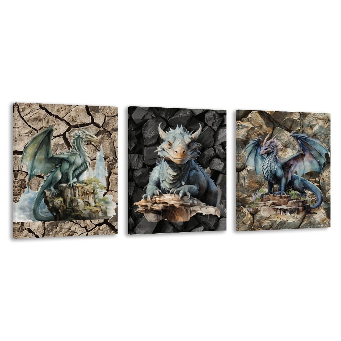 Earth Dragons, Canvas Wall Art - 12”x 16” or 18”x24” (x 3) - Made In USA
