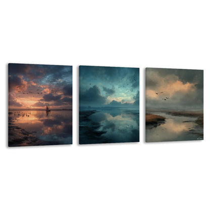 Water Sunsets, Canvas Wall Art - 12”x 16” or 18”x24” (x 3) - Made In USA