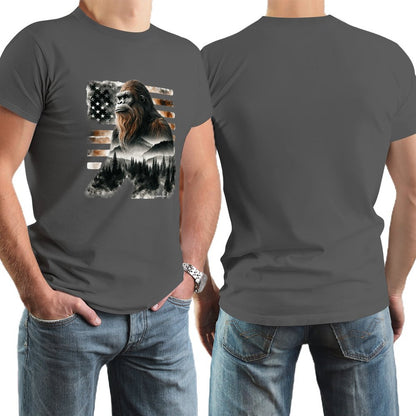 Sasquatch, Bigfoot w flag, Short Sleeve cotton T-shirt