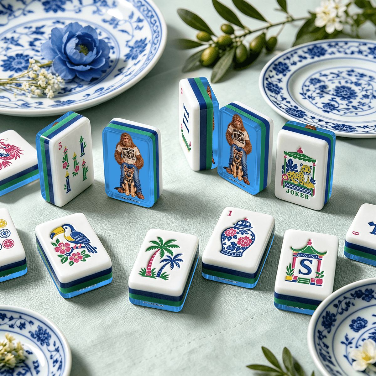 Sasquatch With Service Dog Chinoiserie Chic American Mahjong Tiles