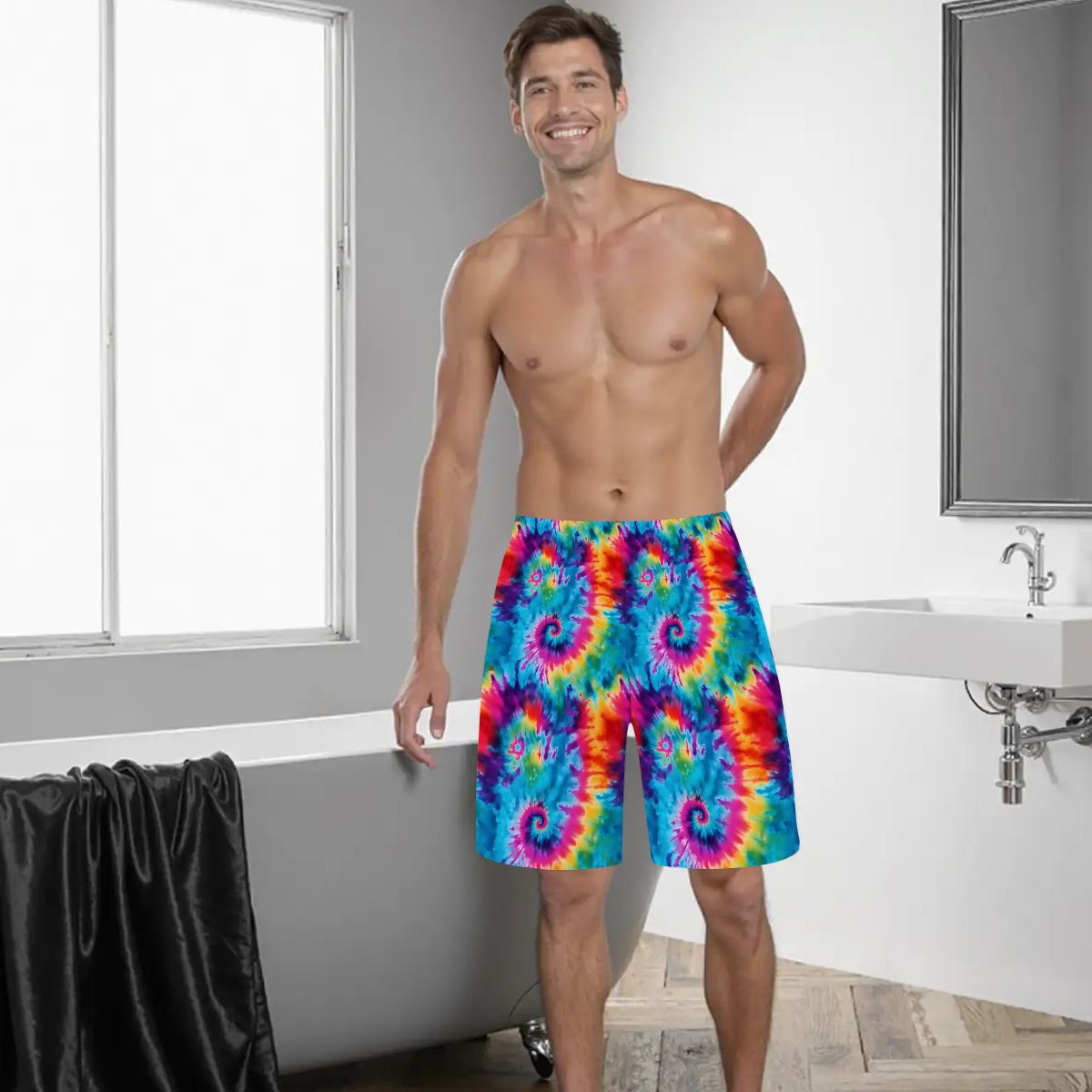 10 New Tie Dye Designs, Men’s Polyester, pocketed, pajama Shorts