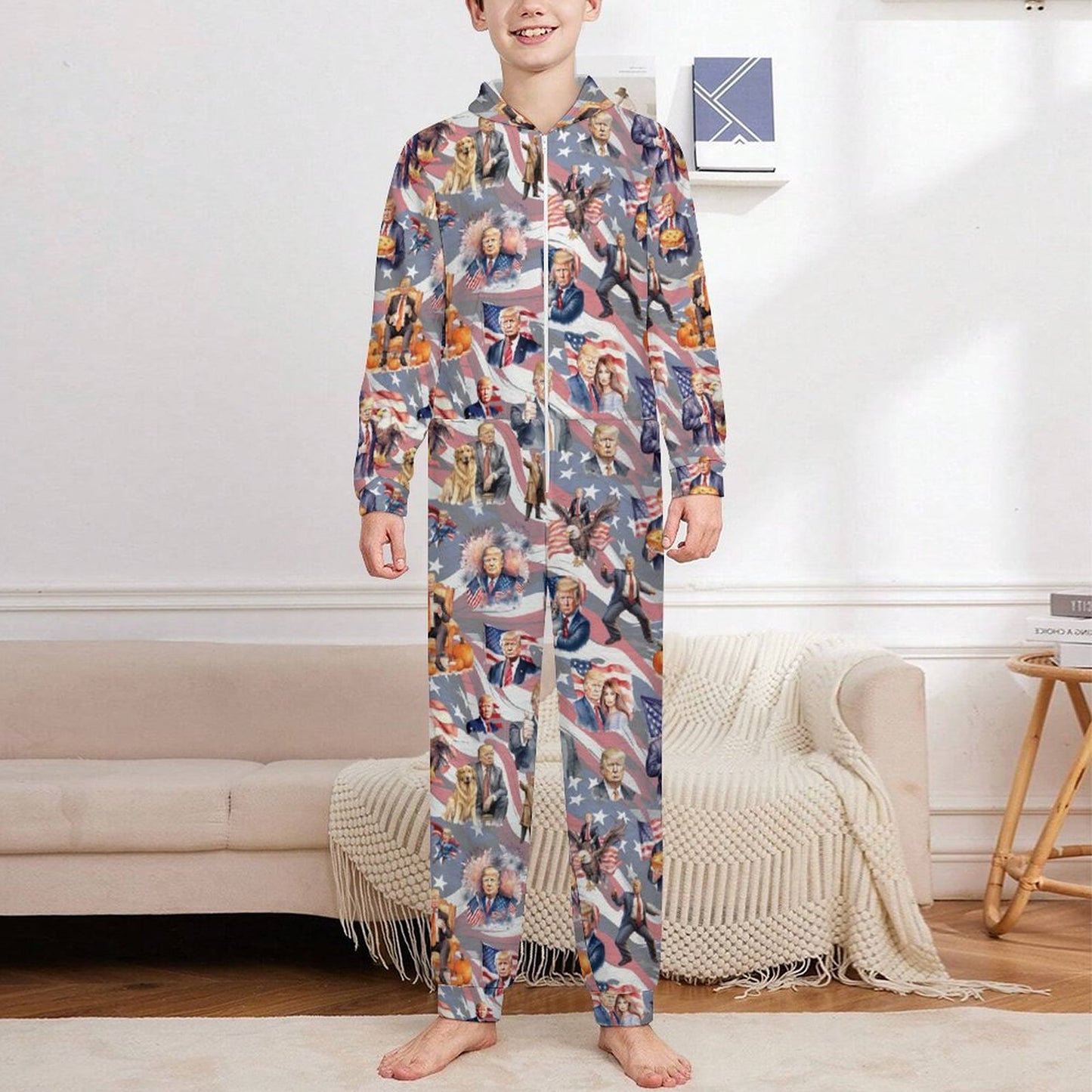 10 Donald Trump Design, Youth Flannel Footless Zip up Pajama Jumpsuit