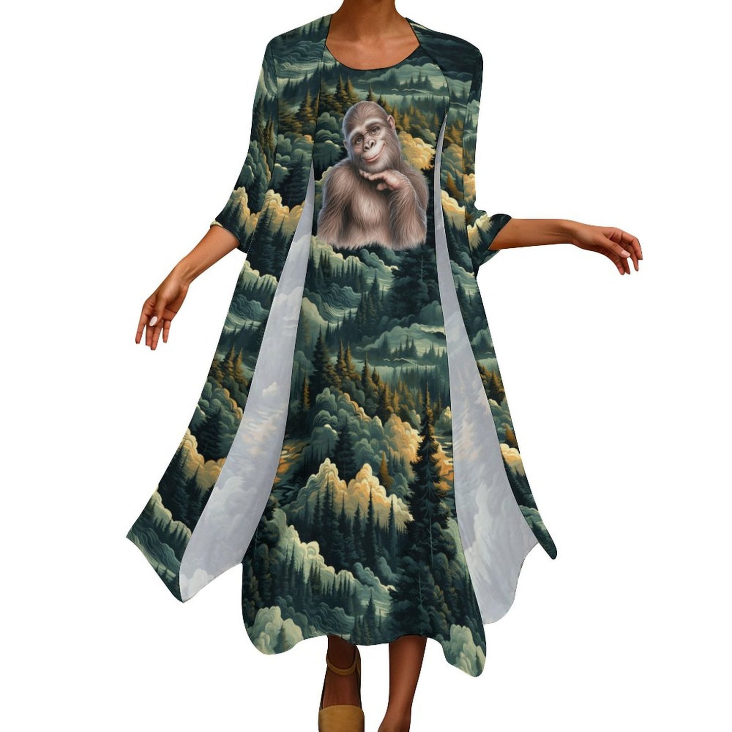 Gal Sasquatch in Woods, Women’s Long Dress with Cardigan