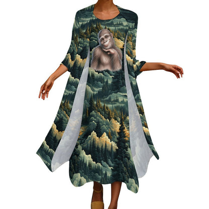 Gal Sasquatch in Woods, Women’s Long Dress with Cardigan