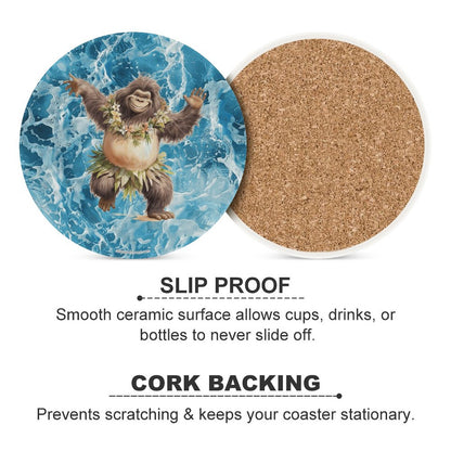 Sasquatch Hula On the Beach Round Ceramic Coaster