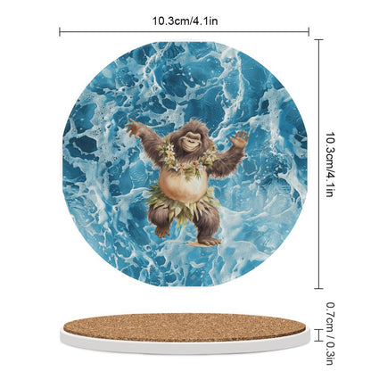 Sasquatch Hula On the Beach Round Ceramic Coaster