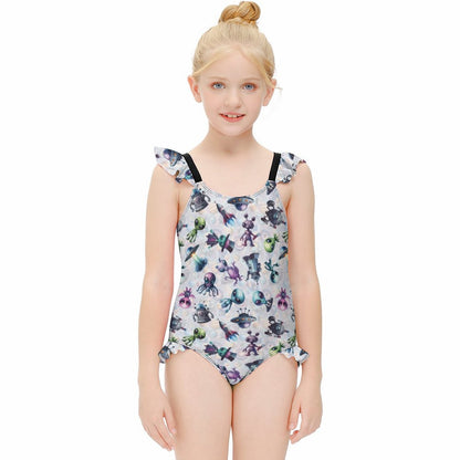 6 Alien Designs, Girls One-Piece Summer Swimsuit, Ruffle Shoulder
