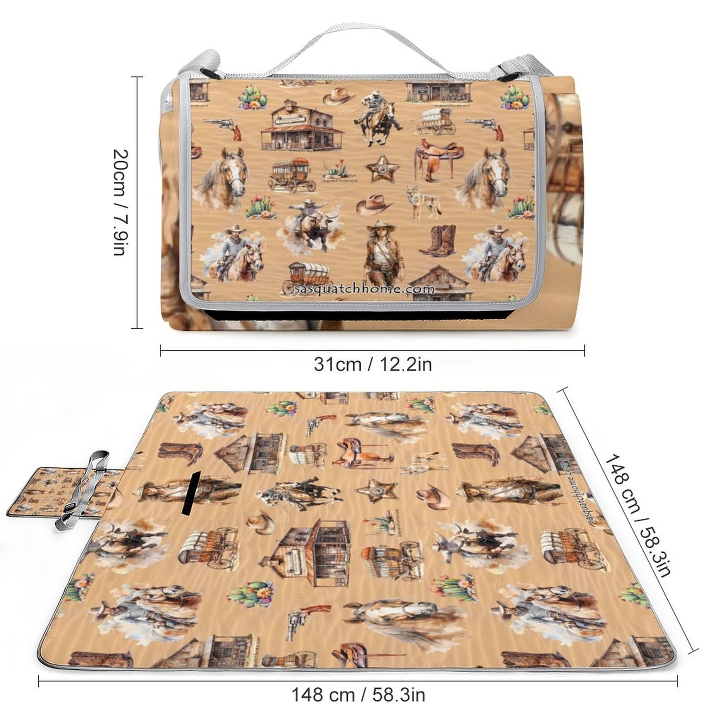 Foldable Zipper Picnic Mat- Blanket 58”x58” w/ Carry Straps