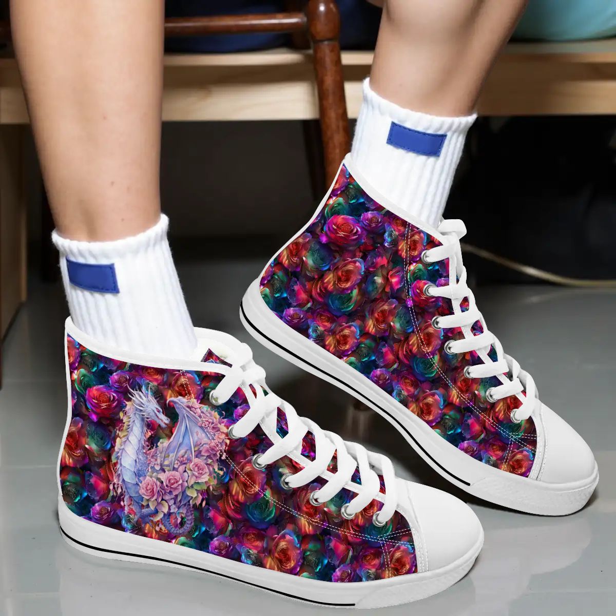 Floral Dragons, Women's High Top Canvas Shoes