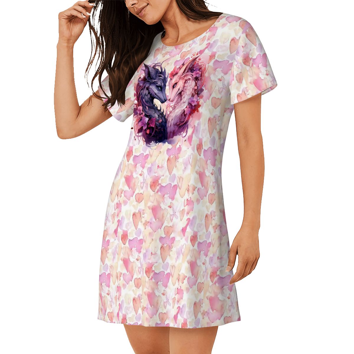 Dragons Themed, Women’s Loose Fit Short Sleeve Night Gown