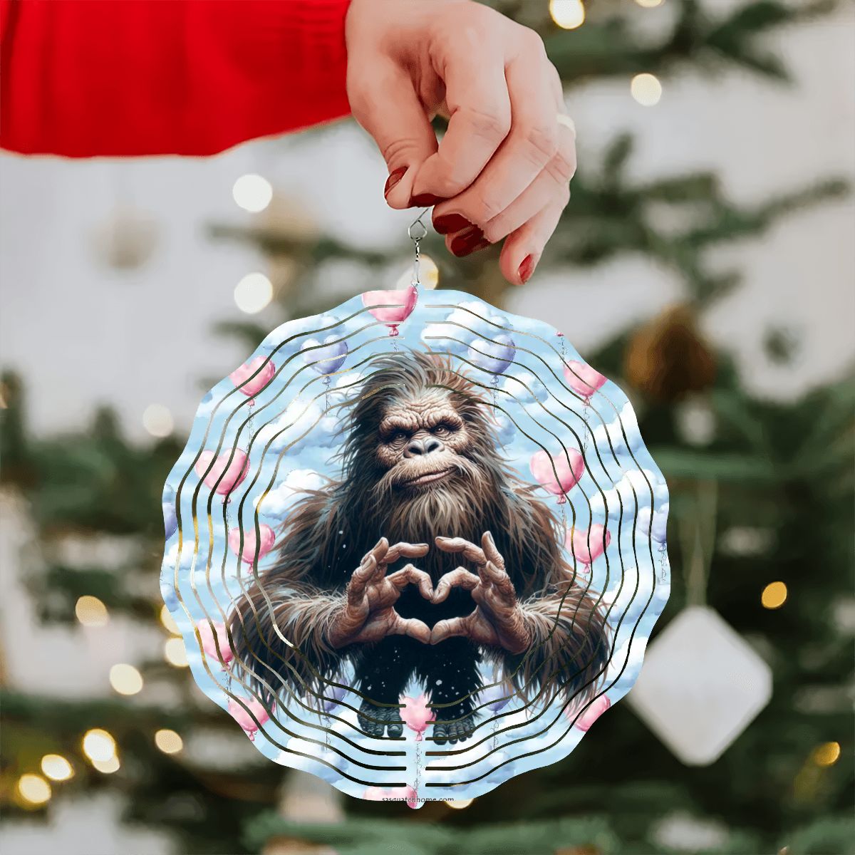 Heart Hand Bigfoot, Sasquatch, US Made Hanging Metal 3D Wind Spinner, Ornament - MADE IN USA