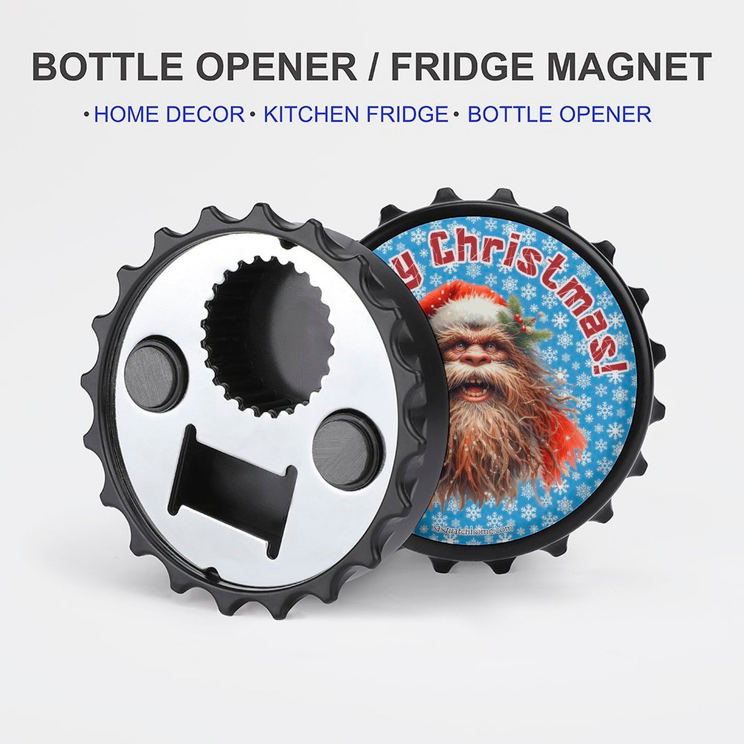 Bigfoot / Sasquatch Santa "Merry Christmas", 3” Magnetic Can Opener / Coaster / Fridge Decor