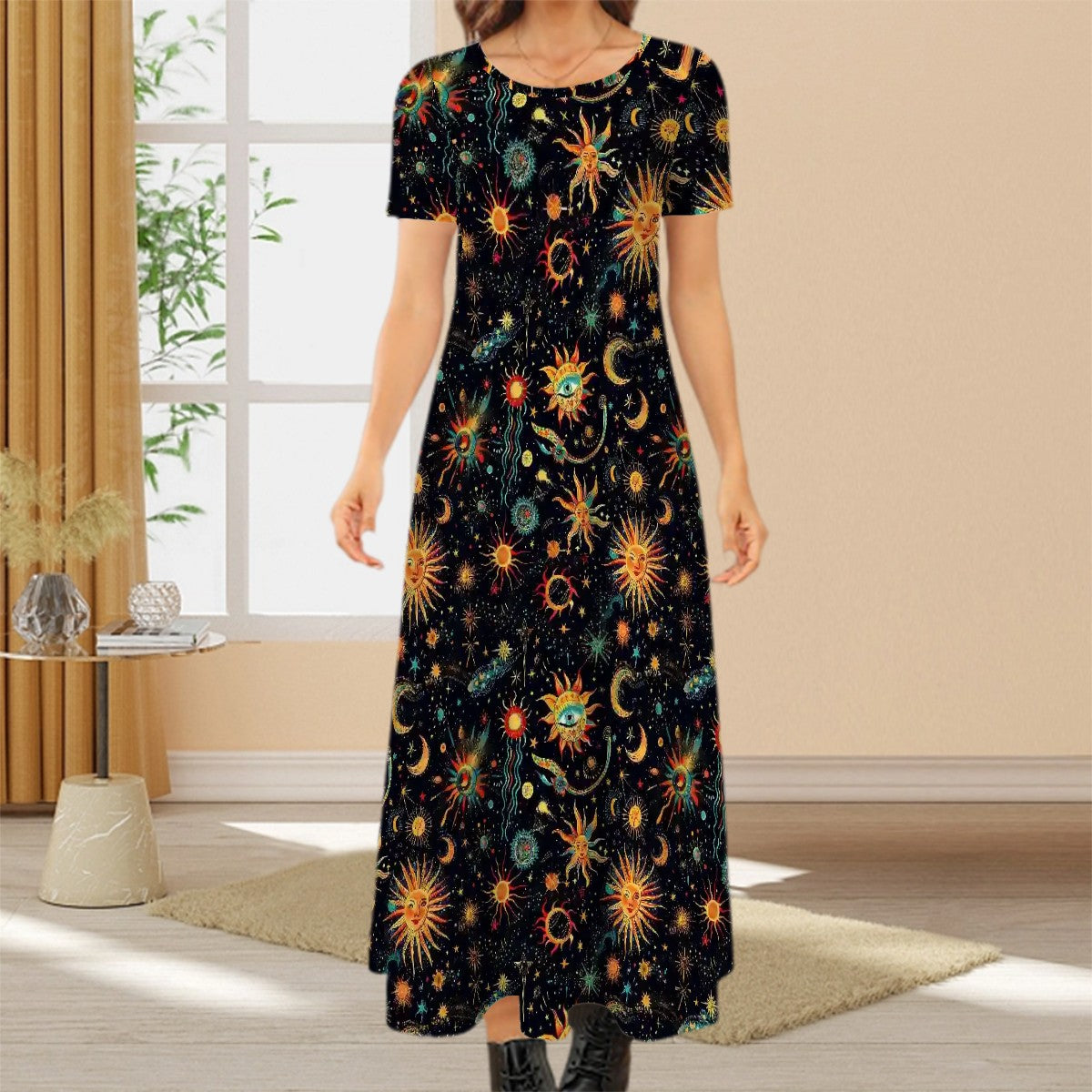 Astronomy Design, Crew Neck Short Sleeve Maxi Dress