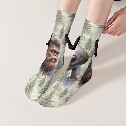 Alien Sasquatch stare down Magnetic Holding Hands Funny Socks (All-Over Printing)