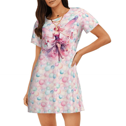 Pink Fairy on Bubbles, Women’s Loose Fit Short Sleeve Night Gown