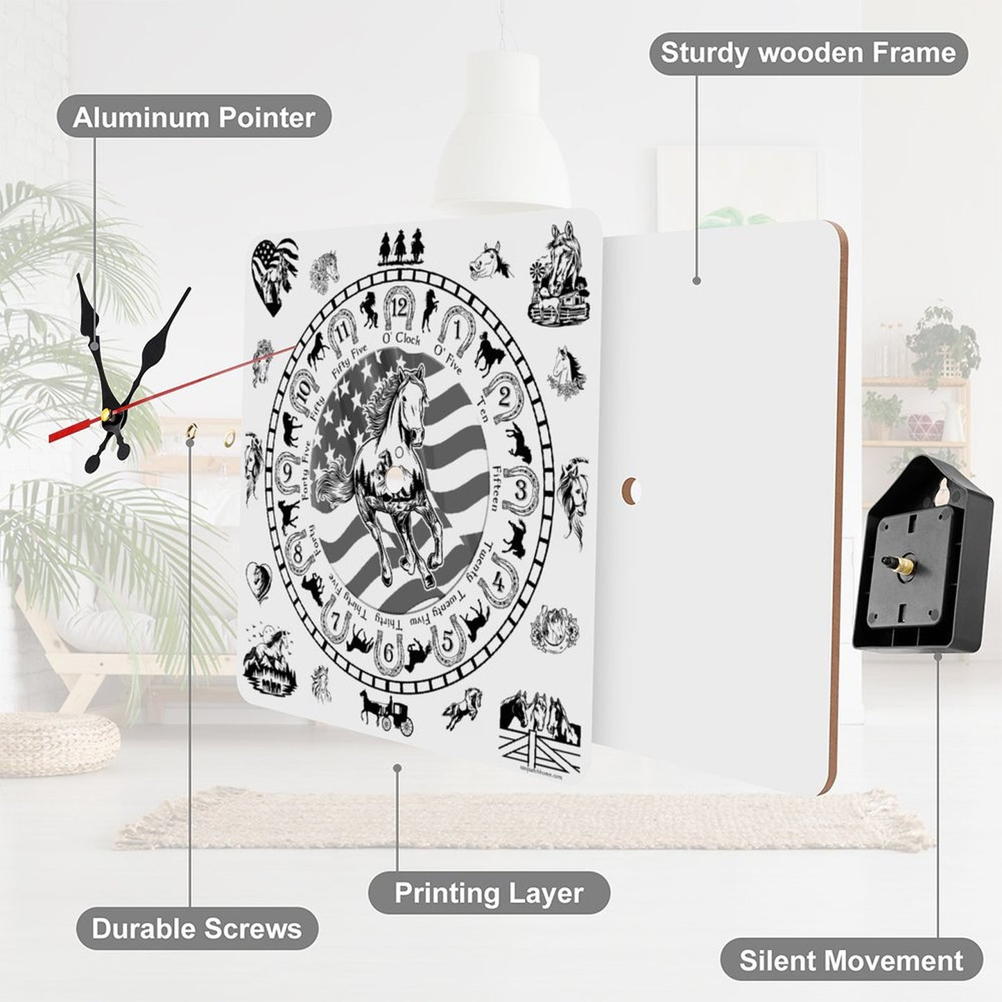 Horse Design Square Wall Clock- Made in USA