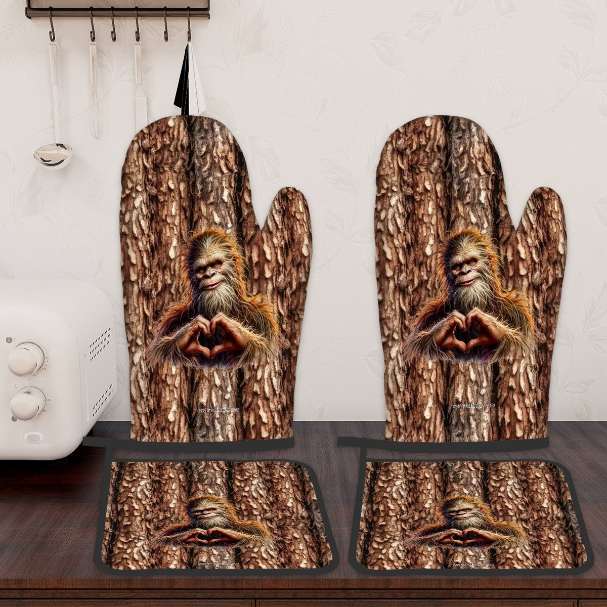 Bigfoot Sasquatch Heart Hands, Set of 4 Oven Mitts / Hot Pads