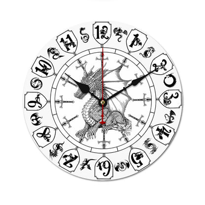 Dragon Themed, B & W Wooden Wall Clock- Made in USA