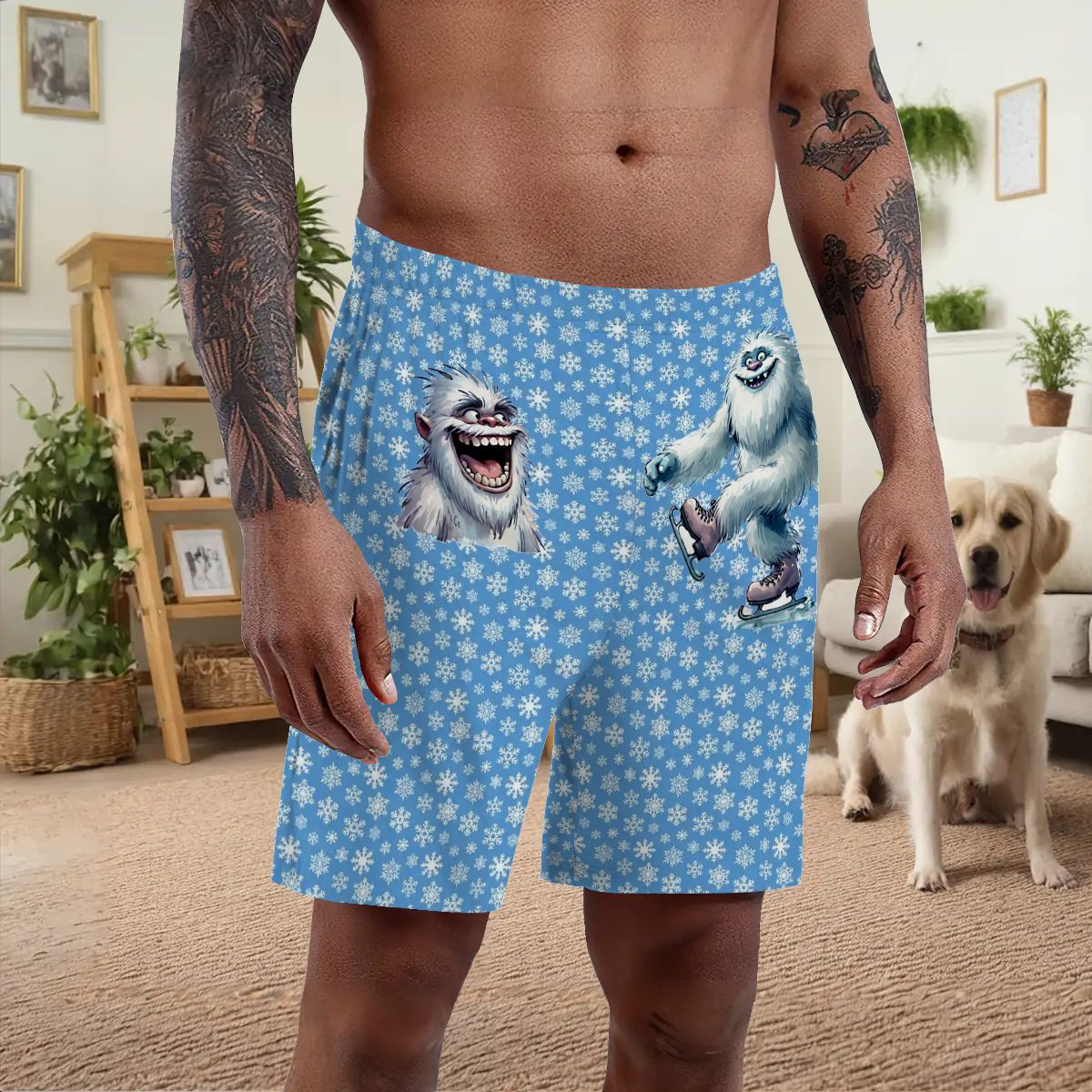 Cute Yeti on Snowflakes, Men’s Polyester, pocketed, pajama Shorts