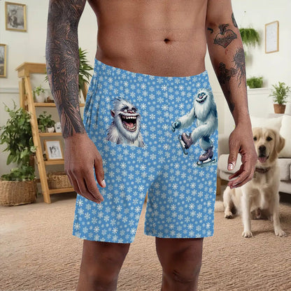 Cute Yeti on Snowflakes, Men’s Polyester, pocketed, pajama Shorts