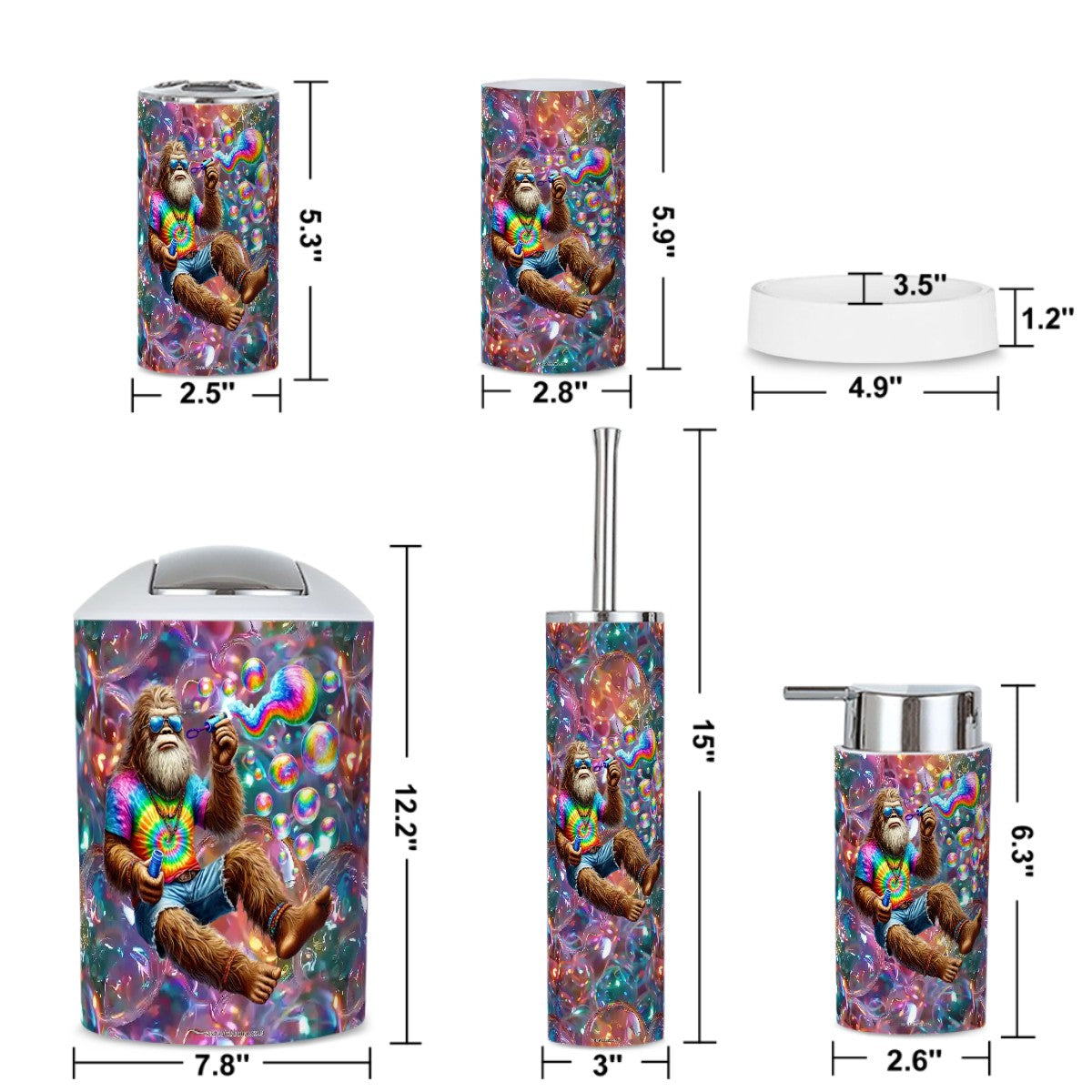Hippie Bigfoot / Sasquatch Blowing Bubbles, 5 Piece Bathroom Décor Set